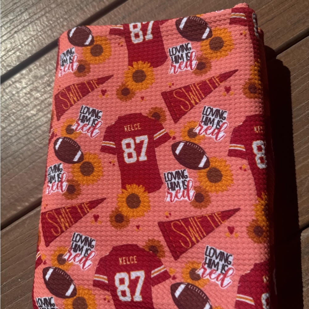 Swiftie/Kelce Red and Orange Football Themed Bullet Fabric
